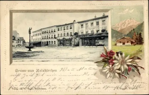 Präge Passepartout Ak Holzkirchen in Oberbayern, Marktplatz, Denkmal, Edelweiß