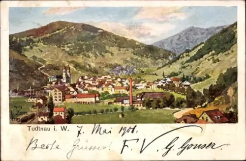 Künstler Ak Zorn, L., Todtnau im Schwarzwald, Totalansicht der Ortschaft mit Umgebung, Kirche
