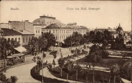 Ak Braila Rumänien, Platz des Heiligen Erzengels, Straßenbahn