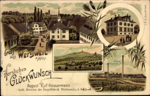 Litho Wettswil am Albis Kanton Zürich, Ziegelfabrik, Schule