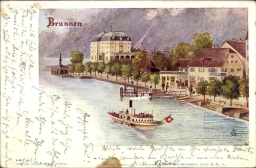 Künstler Ak Brunnen Kt Schwyz, Uferpartie, Dampfer