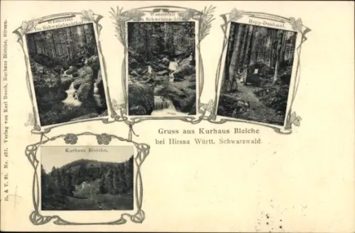 Ak Hirsau Calw im Schwarzwald, Kurhaus Bleiche, Wasserfall in Schweinbachthal, Hepp-Denkmal