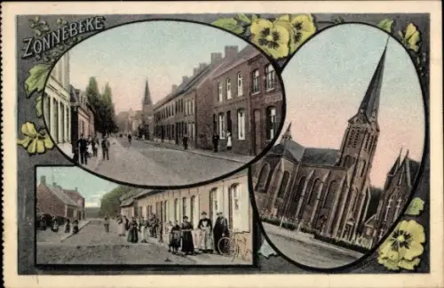 Ak Zonnebeke Westflandern, Stadtansichten, Kirche, Straßenpartie, Passanten