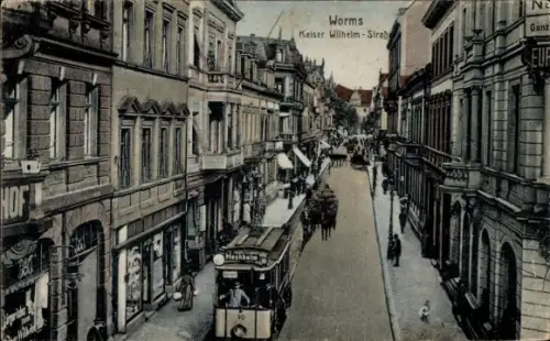 Ak Worms am Rhein, Kaiser Wilhelmstraße, Straßenbahn nach Hochheim, Geschäfte