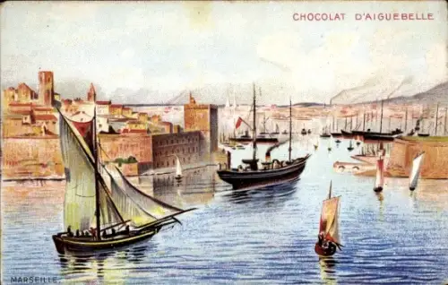 Ak Marseille Bouches du Rhône, Hafen, Werbung, Schokolade d'Aiguebelle