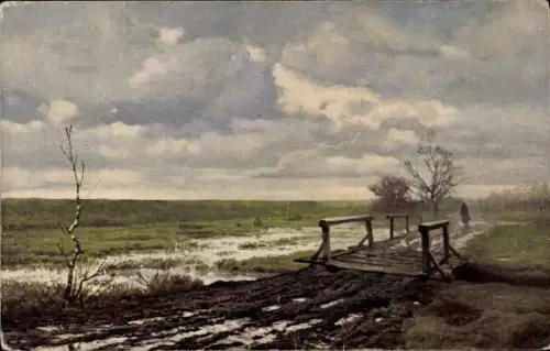 Künstler Ak Rapacki, Landschaft, Brücke, Fluss, Tauwetter
