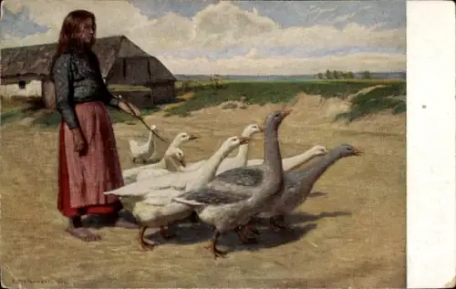 Künstler Ak Piotrowski, A., Bauernmädchen, Gänse, Polnische Tracht