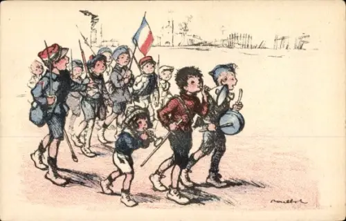 Künstler Ak Poulbot, Francisque, Kinder in Uniformen, Fahne, Trommel