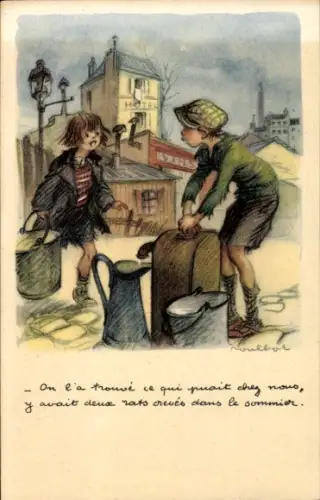 Künstler Ak Poulbot, Francisque, Junge an der Wasserpumpe, Mädchen mit einem Eimer
