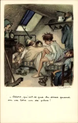 Künstler Ak Poulbot, Fünf Kinder in einem Bett, Dachkammer, Ligue Nationale contre le Taudis