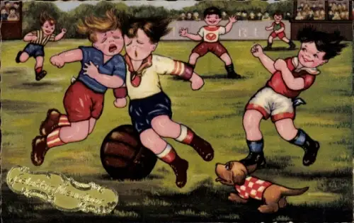Künstler Ak Boriss, M., Fussballspiel, Zusammenstoß, Hund, Zuschauer
