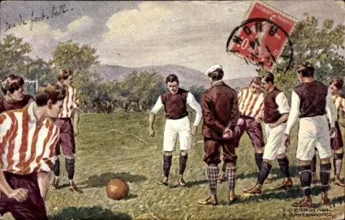 Künstler Ak Männer spielen Fußball, Sport