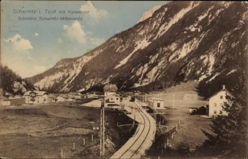 Ak Scharnitz in Tirol, Totale mit Karwendel, Bahnlinie Scharnitz-Mittenwald