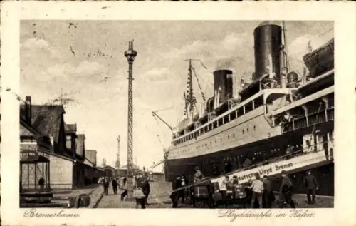 Ak Bremerhaven, Blick auf Lloyddampfer im Hafen, Gepäckabfertigung
