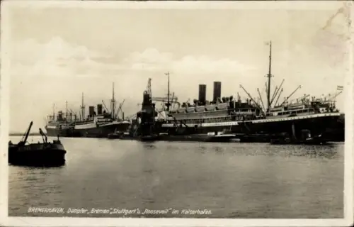 Ak Bremerhaven, Dampfer im Hafen, Bremen, Stuttgart, Roosevelt, Norddeutscher Lloyd