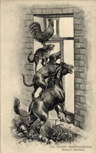 Ak Bremen, Die Bremer Stadtmusikanten, nach Grimms Märchen, Esel, Hund, Katze