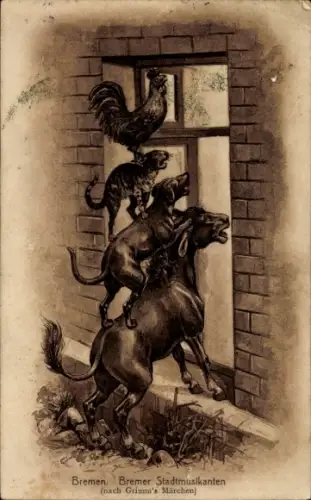 Ak Bremen, Die Bremer Stadtmusikanten, nach Grimms Märchen, Esel, Hund, Katze
