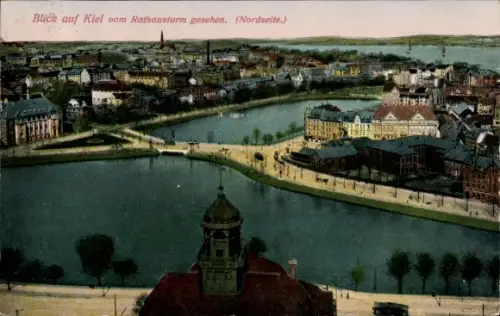 Ak Kiel, Blick auf  Rathausturm, Nordseite, Wasser, Gebäude, Brücke