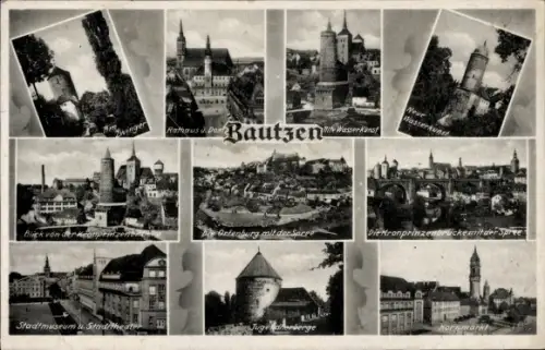 Ak Bautzen in der Oberlausitz, Bautzen: Rathaus u. Dom, Ortenburg m. Spree, Wasserkunst, Kronprin