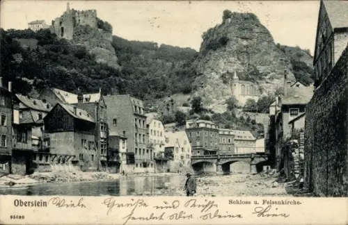 Ak Idar Oberstein an der Nahe, Fluss mit Häuserzeile, Brücke, Felsklippen mit Burg und Kirche, Pe