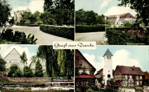 Ak Drenke Beverungen an der Weser, Erholungsheim, Schulungsheim, Partie am Teich, Kirche