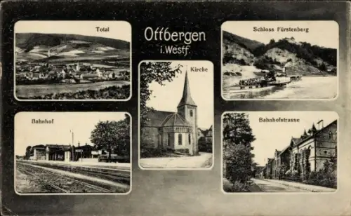 Ak Ottbergen Höxter Weser, Bahnhof, Kirche, Schloß
