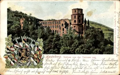 Ak Heidelberg am Neckar, Schloss von der Terrasse aus, Wappen, Vivat Academia