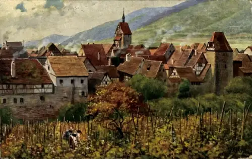 Ak Saint Quirin Vogesen Lothringen Moselle,  Weinberg, Dorfansicht, Fachwerkhäuser, Kirchturm, We