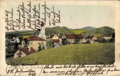 Ak Allerheiligen im Mürztal Steiermark,  Ortsansicht mit Kirche, Dorfbauten, Wiesen