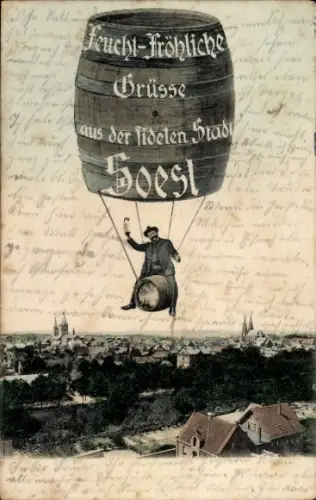 Ak Soest Westfalen, Gesamtansicht des Ortes, Fass, Ballon