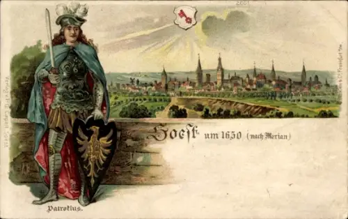 Künstler Litho Merian, Soest in Westfalen, Gesamtansicht um 1650, Patroklus