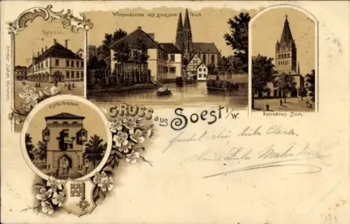 Litho Soest in Westfalen, Rathaus, Wiesenkirche mit großem Teich, Patroklus Dom