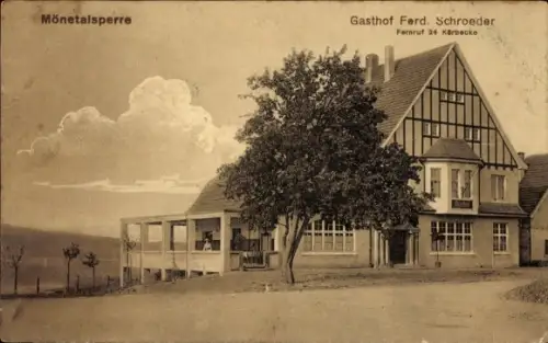 Ak Möhnesee im Kreis Soest Nordrhein Westfalen, Gasthof F. Schröder, Talsperre