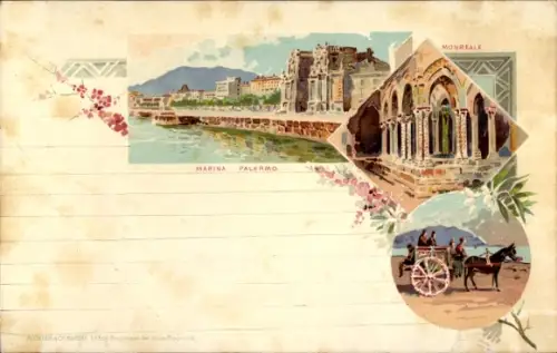 Litho Palermo Sizilien, Marina, Monreale, Partie am Ufer, Pferd, Kutsche