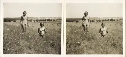 Stereo Foto: Gerhard Riebicke Erotik, Frauenakt, zwei Frauen auf einer Blumenwiese