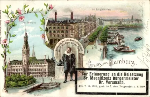 Litho Hamburg Altstadt, Jungfernstieg, Rathaus, Bürger