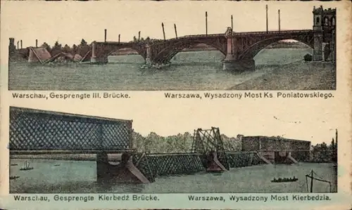 Ak Warszawa Warschau Polen, Gesprengte Brücke, I. WK, Gesprengte Kierbedz-Brücke