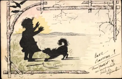 Scherenschnitt Ak Mädchen mit einem Hund, Hüte dich vor dem Hund