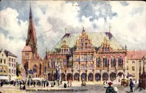 Künstler Ak Flower, Charles, Hansestadt Bremen, Rathaus, Liebfrauenkirche, Markt