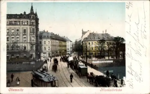 Ak Chemnitz in Sachsen, auf der Nicolaibrücke, Straßenbahn