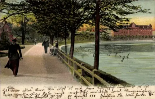 Ak Düsternbrook Kiel, Anlagen am Kleinen  Promenade am Ufer, Parkteich, Ufergebäude