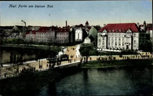 Ak Düsternbrook Kiel, Kleiner  Straßenbahn, Brücke, Uferpromenade