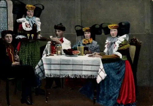 Ak Volkstrachten aus den Schaumburg Lippischen und Hessischen Landen, Essen, Bier, Schnaps