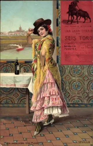 Künstler Ak Sevilla Andalusien, Frau in Tracht, una Flamenca