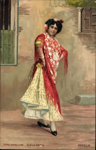 Künstler Ak Sevilla Andalusien Spanien, Tipos Andaluces, Olé la Gracia, Tracht
