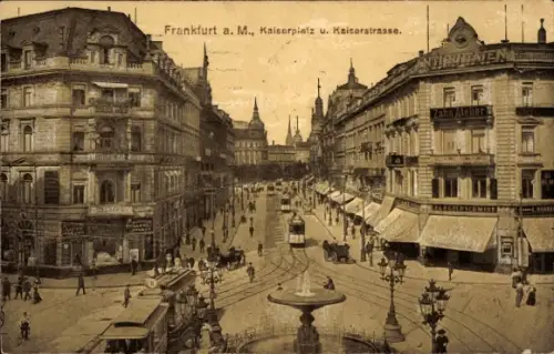 Ak Frankfurt am Main,  Kaiserplatz, Kaiserstraße, Brunnen, Straßenbahn, Antiquitäten, Zahnatelier