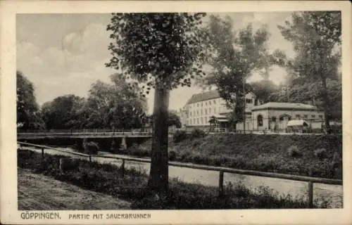 Ak Göppingen in Württemberg, Sauerbrunnen, Flussansicht, Brücke