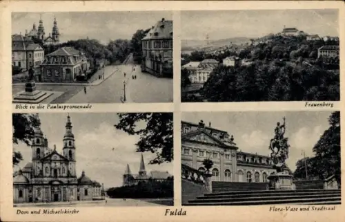 Ak Fulda in Hessen, Pauluspromenade, Frauenberg, Dom und Michaelskirche, Flora-Vase und Stadtsaal
