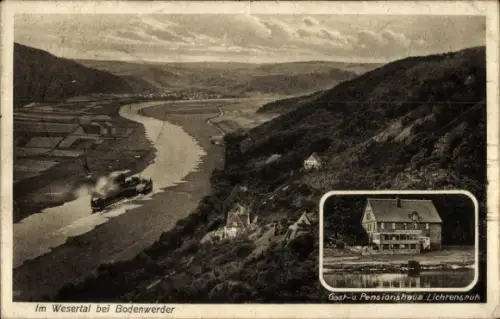 Ak Bodenwerder an der Weser, Wesertal bei  Weser, Gast- u. Pensionshaus Lichtensruh, Dampfschiff