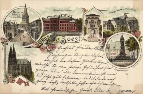 Litho Soest, Lehrerseminar, Rathaus, Markt, Pratoklus Dom, Wiesenkirche
